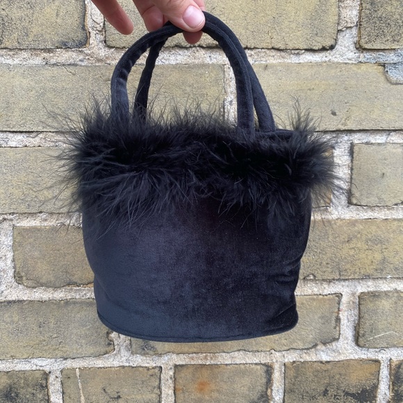 Velour and Marabou Fur Black Cocktail Purse, Vintage y2k - Picture 1 of 7
